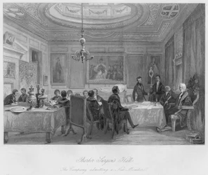 Sál holičských chirurgů. Společnost přijímá nového člena, c1841