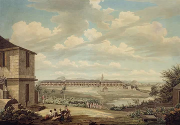Pohled na ostrov Antigua: anglická kasárna a kostel sv. Jana, pohled od nemocnice, kolem 1775-1776