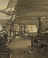 Scéna na palubě lodi HMS "Deal Castle" během cesty ze Západní Indie v roce 1775. Akvarel