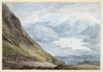 Pohled ze Skiddaw přes Derwentwater (wc přes tužku na papíře)
