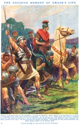 Rozhodující okamžik Caesarova života, ilustrace z "Newnesovy obrazové knihy vědomostí" (barevná litografie)