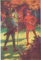 "To je morový darebák!" vykřikl šarlatový cizinec (barevná litografie).
