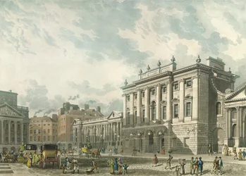 Pohled na Bank of England, ryl Daniel Havell (1785-1826), pub. 1816 od Ackermanna „Repository of Arts“ (akvatinta)