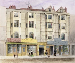 Starý dům zvaný Half Moon Tavern na západní straně Aldersgate Street, 1852