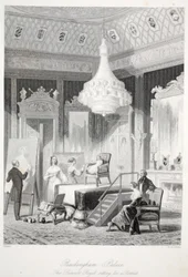 Buckinghamský palác - Královská princezna sedící u portrétu, od London Interiors s jejich kostýmy a obřadní hospodou. Joseph Mead, Londýn, ocelorytina c.1843
