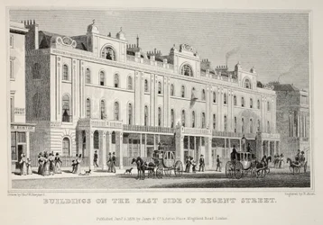 Budovy na východní straně Regent Street, z hospody „Londýn a jeho okolí v devatenáctém století“. Jones und Co., 1827-1829