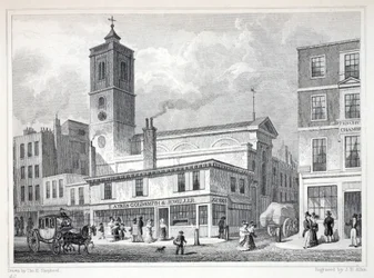 Kostel St Dionis, Backchurch, z hospody „Londýn a jeho okolí v devatenáctém století“. Jones und Co., 1827-1829