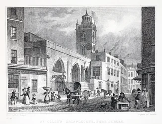 Kostel svatého Jiljí, Cripplegate, z hospody „Londýn a jeho okolí v devatenáctém století“. Jones und Co., 1827-1829