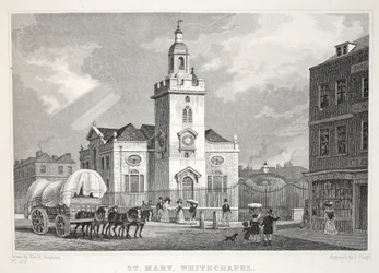 Kostel Panny Marie, Whitechapel, z hospody „Londýn a jeho okolí v devatenáctém století“. Jones und Co., 1827-1829