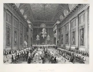 Sál svobodných zednářů, z knihy „London Interiors with their Costumes and Ceremonies“, vydal Joseph Mead, Londýn, kolem roku 1843