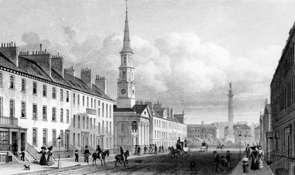 George Street, kostel sv. Ondřeje a památník lorda Melvilla, Edinburgh, vyryl Thomas Barber, kolem roku 1830