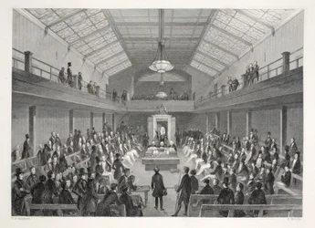 Dolní sněmovna, z knihy "Londýnské interiéry s jejich kostýmy a ceremoniály" pub. Joseph Mead, Londýn, asi 1843 (ocelorytina)