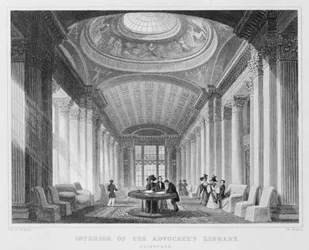 Interiér Advokátní knihovny v Edinburghu, rytina od Williama Watkinse, 1831