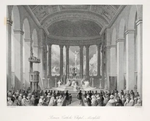 Římskokatolická kaple, Moorfields, z knihy Londýnské interiéry s jejich kostýmy a obřady, vydal Joseph Mead, Londýn, kolem roku 1843