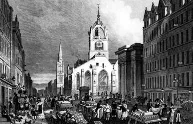 St. Giles Church, County Hall and the Lawn Market, Edinburgh, rytý William Tombleson, c.1830 (rytina)