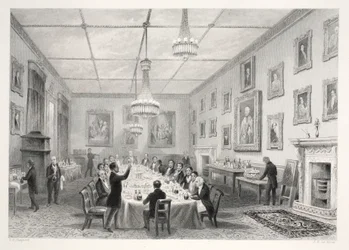 Thatched-House, z publikace "London Interiors with their Costumes and Ceremonies" pub. Joseph Mead, Londýn, asi 1843 (ocelorytina)