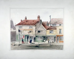 The Hare and Hounds Inn a výlohy na Upper Street, Islington, Londýn, c1835.