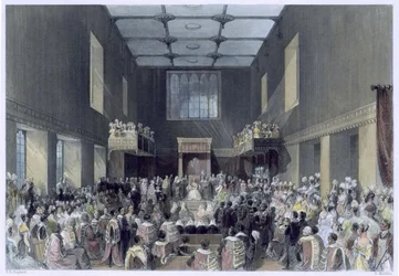 Sněmovna lordů, Její Veličenstvo zahajující zasedání parlamentu, vyryto Henrym Melvillem (fl. 1826-41), kolem 1840