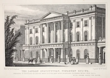 The London Institution, Finsbury Circus, z hospody „Londýn a jeho okolí v devatenáctém století“. Jones und Co., 1827-1829