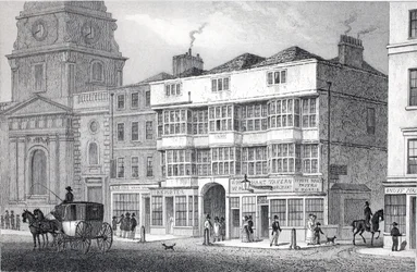 Old White Hart Tavern, Bishopsgate Street, z hospody „Londýn a jeho okolí v devatenáctém století“. Jones und Co., 1827-1829