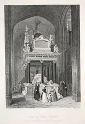 Hrobka královny Alžběty I., z publikace „London Interiors with their Costumes and Ceremonies“, vydal Joseph Mead, Londýn, kolem roku 1843