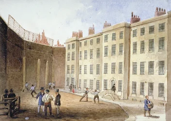Pohled na Fleet Prison z tenisového hřiště, City of London, 1845