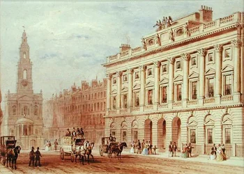 Pohled na Somerset House a kostel St. Mary Le Strand (tužka a akvarel na papíře)