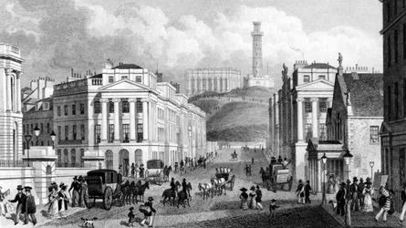 Waterloo Place, Národní památník, Nelsonův památník a Calton Hill, Edinburgh, vyryl Thomas Barber, 1829