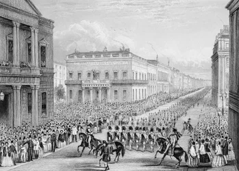 Wellingtonův pohřební průvod kolem Senior United Service Club, Pall Mall, Londýn, 1852
