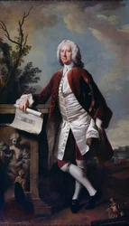 Portrét Theodora Jacobsena, architekta Foundling Hospital, zobrazeného s kresbou západního průčelí, kolem roku 1742