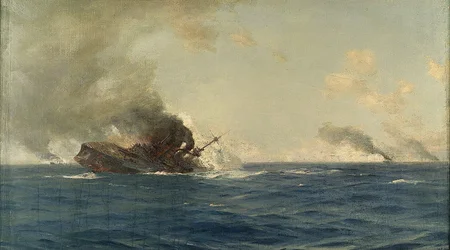 Potopení lodi Scharnhorst v bitvě o Falklandy, 8. prosince 1914, asi 1915 (olej na plátně)