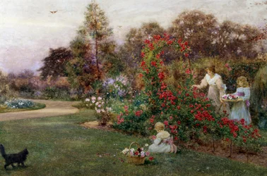 V umělcově zahradě, Yapton, Sussex. Matka a její dvě děti sbírají růže na zahradě. Obraz Thomase Jamese Lloyda (1849-1910, Velká Británie) Soukromá sbírka