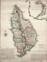 Barevná mapa Dominiky s podrobnými zeměpisnými poznámkami, cca 1760 (ručně kolorovaná rytina)