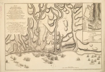 Plán útoku na Basse-Terre na ostrově Guadeloupe eskadrou válečných lodí Jeho Veličenstva pod velením komodora Moorea dne 22. led. 1759, dále tábory britské armády pod velením gen. Hopsona a francouzská opevnění