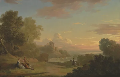 Imaginární krajina s cestovatelem a postavami s výhledem na Bay of Baiae
