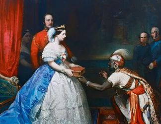 Královna Viktorie předává Bibli v audienční síni ve Windsoru, kolem roku 1861