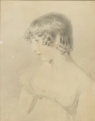 Bustový portrét Susan Bloxamové, otočený z profilu doleva, 1818 (černá křída, dotčená červenou křídou, lehce naražená na bílé kartě s hnědou barvou)
