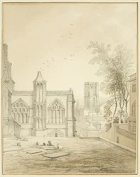 Východní konec St Mary Redcliffe, ukazující chrámový kostel (tužka a akvarel na papíře)