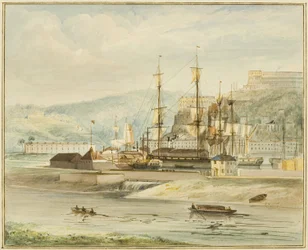 Přepadová přehrada, poblíž plovoucího doku a Cumberland Basin