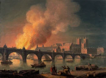 „Westminster Bridge a vypálení budov parlamentu z Lambeth“, 1835