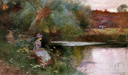 V Hampton Lucy, Warwickshire. Mladá dívka sedící u jezera na venkově. Obraz Thomase Mackaye (1851-1920) Soukromá sbírka