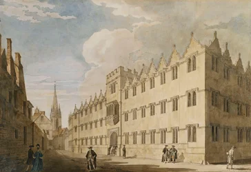 Oriel College, Oxford, s kostelem Panny Marie v dálce,