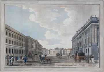 Pohled na ulici Millionnaya a Mramorový palác přes Marsovo pole, 1790