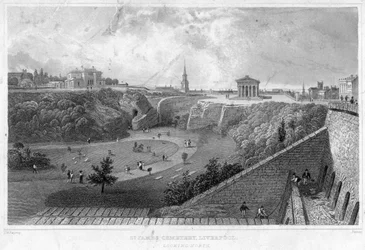 St James Cemetery, Liverpool, při pohledu na sever, 19. století.