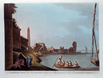 Vnější pohled na starověkou Alexandrijskou zeď s Kleopatřinou jehlou, 1802.