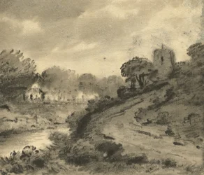 Zalesněná říční krajina se skálou v levém popředí, cca 1800