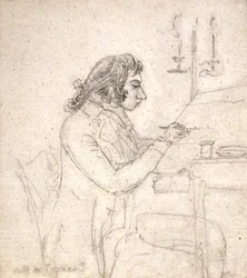 J. M. W. Turner u kreslicího stolu; Verso: Paní Monro Spící (tužka na špinavě bílý papír)