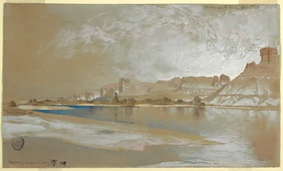 Kresba, Green River od přívozu, Wyoming Territory, 11. září 1889