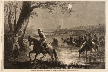 Povstalecká armáda překračuje brody Potomacu, aby mohla vtrhnout do Marylandu, z Harper