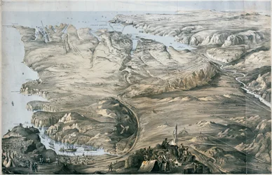 Panoramatický pohled na opevnění spojeneckých armád Anglie a Francie před Sebastopolem (litografie, tónovaná)